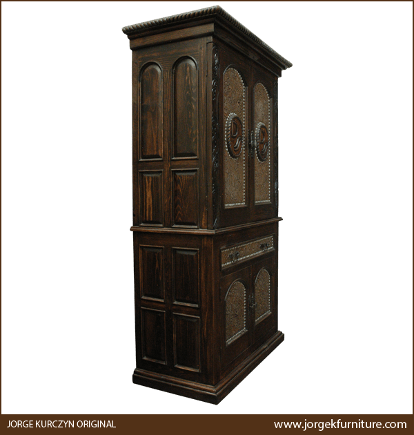Three-quarter angle of Rio Rojo armoire showing crown molding and twist rope carving