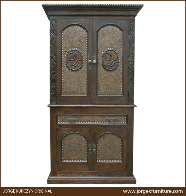 Front view of Rio Rojo Western armoire with embossed leather panels and carved ranch brand