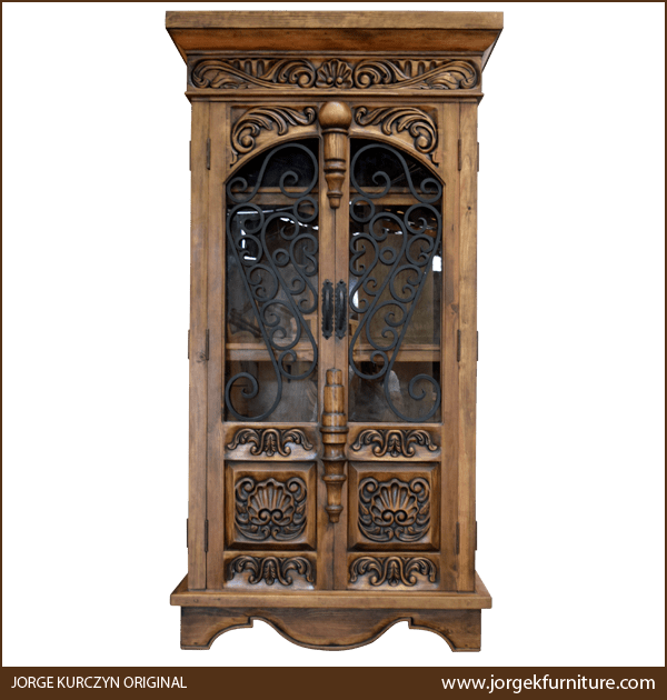 Front view of Martina 3 armoire with ornamental ironwork and carved floral panels