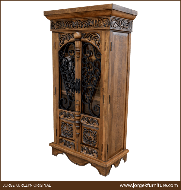 Three-quarter angle of Martina 3 armoire showing curved apron and visible wood grain