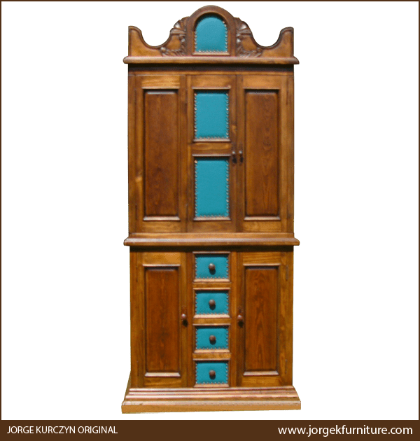 Front view of Rosales Turquesa armoire with arched crest and turquoise leather panels
