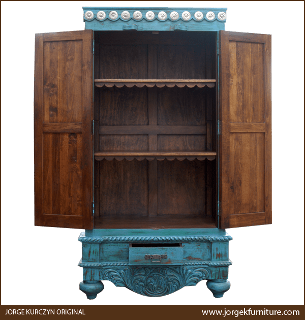 Las Cruces 3 armoire with doors open showing two removable shelves and exterior drawer