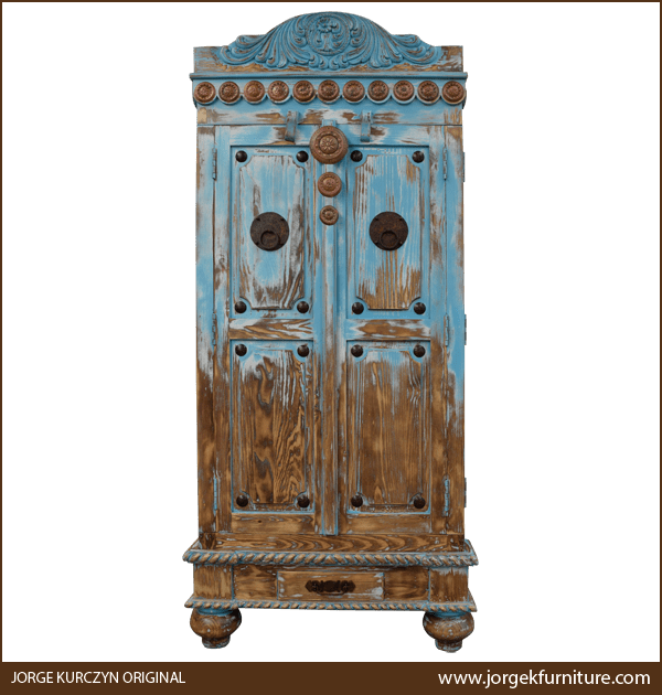 Front view of Las Cruces 4 armoire with copper conchos and antique turquoise finish