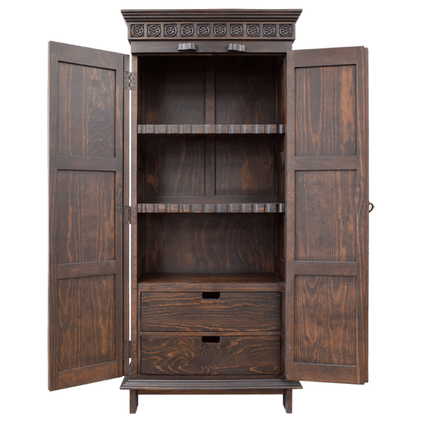 Santa Fe 3 armoire with doors open showing three cabinet-style compartments and two closed drawers