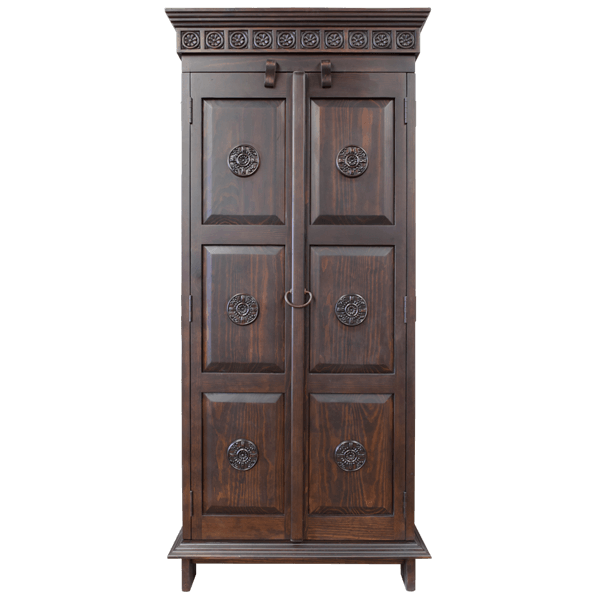 Front view of Santa Fe 3 armoire with smooth finish and hand-carved details