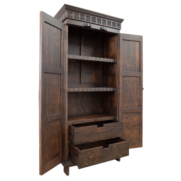Santa Fe 3 armoire with doors open showing three cabinet-style compartments and two open drawers