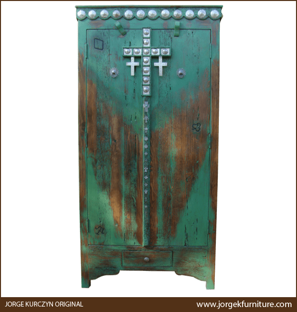 Front view of Doble D Cruz armoire with silver colonial cross and distressed turquoise finish