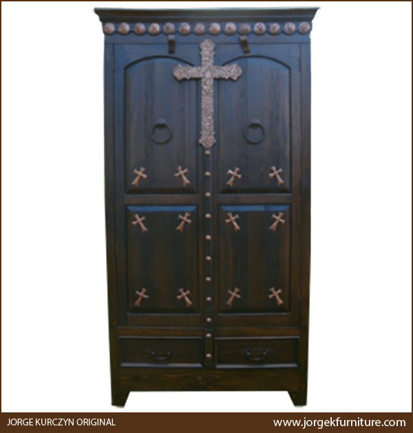 Front view of Santa Teresa armoire with hand hammered copper cross and conchos