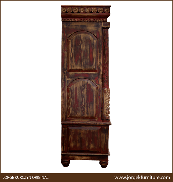 Side view of Zoila-Elisa armoire with rectangular cut panels and tapered feet