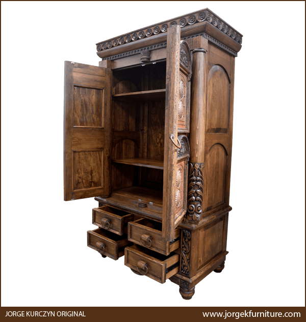 Zoila-Elisa II armoire with open doors and drawers showing spacious interior and copper panels