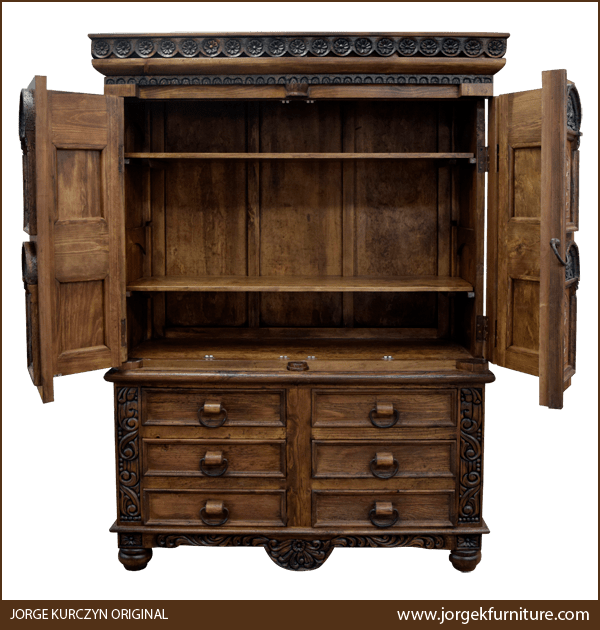Irma armoire with doors open showing three storage compartments, central section larger