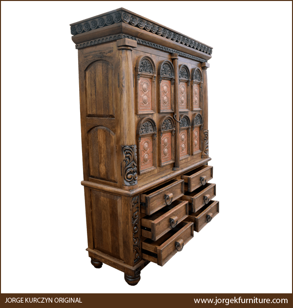 Irma armoire with drawers open showing six storage compartments and carved floral details