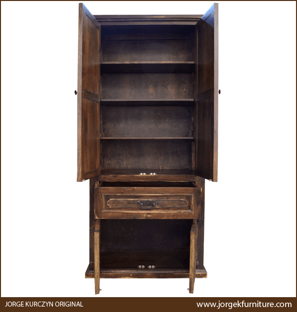 Spanish Colonial Armoire with doors open showing four upper compartments, one lower section, and open drawer