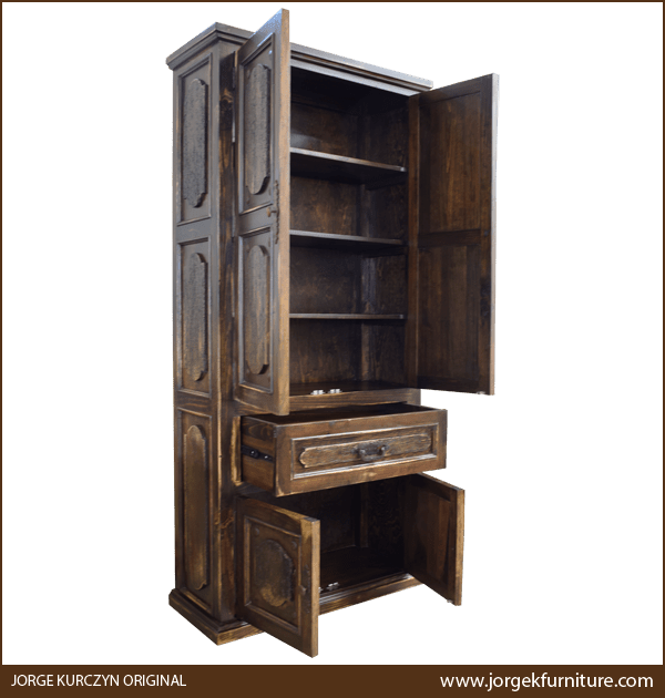 Semi-frontal view of Spanish Colonial Armoire with doors open showing interior layout