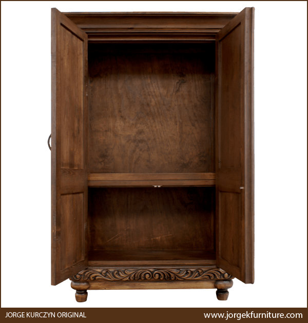Spanish Colonial Armoire with doors open showing upper hanging space and lower compartment for folded garments