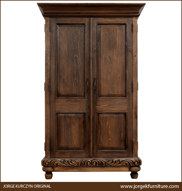 Front view of Classic Spanish Colonial Armoire with floral carved base and antique finish