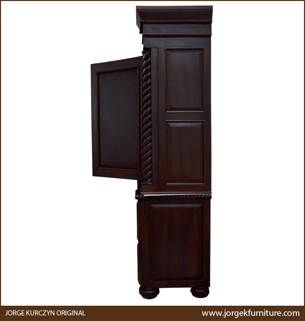 Side view of armoire with open doors revealing internal shelving and beveled side panels