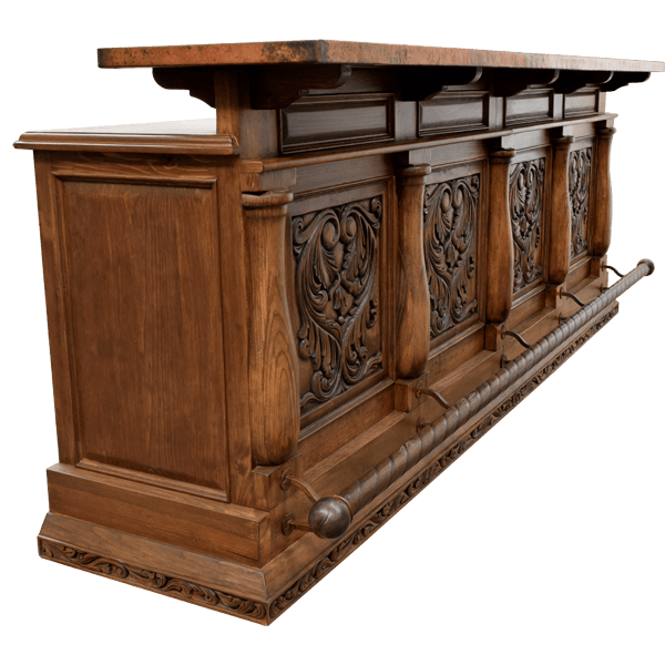 Three-quarter front view of wood bar with copper top and turned columns
