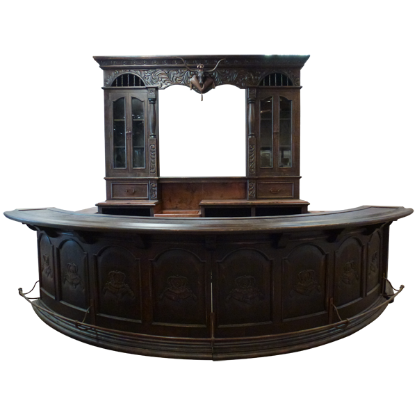 Front view of semi-circular wood bar with carved crowns and iron foot rail