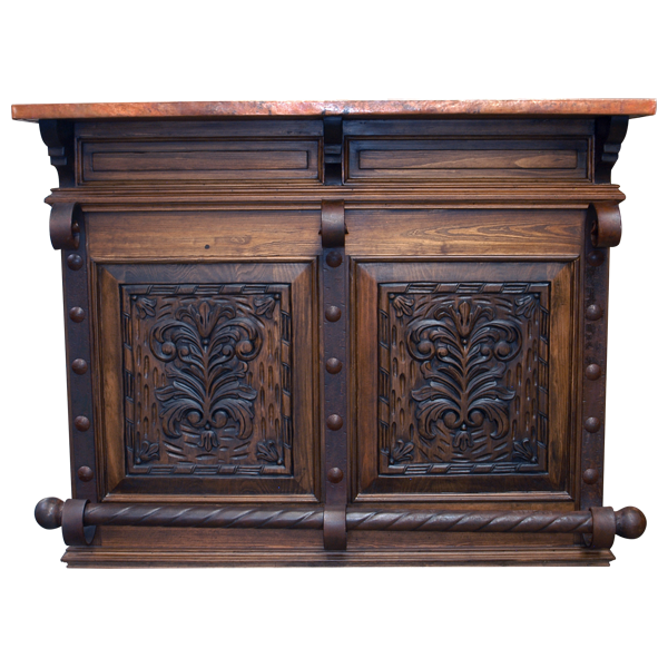 Front view of western wood bar with hammered copper and forged iron details