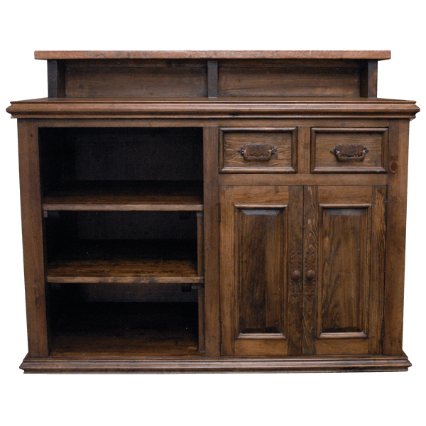 Rear view of bar with open shelves, drawers, and cabinet doors with iron handles