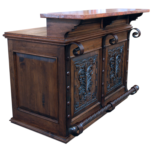 Three-quarter front view of wood bar with copper top and iron scrollwork