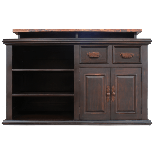 Working side of bar with open shelves, drawers, and cabinet doors with iron handles