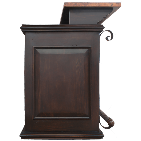 Side view of handcrafted bar with copper top, iron details, and staggered wood base