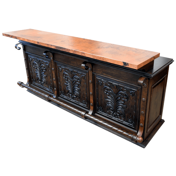 Elevated angled front view of bar showing copper countertop on client side