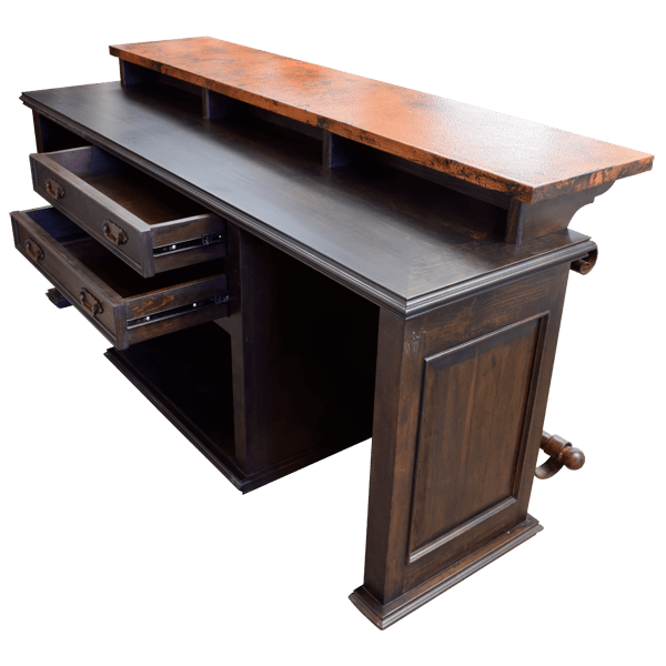Elevated rear view of bar with open drawers and copper worktop