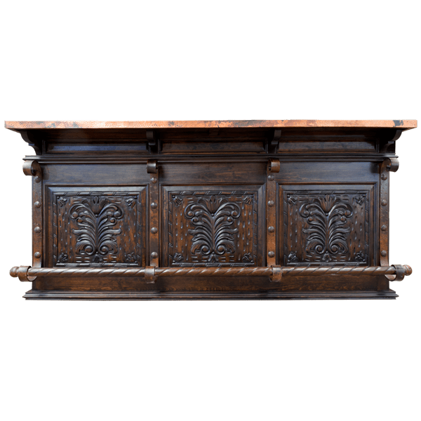 Front view of handcrafted bar with copper top, carved panels, and vertical iron straps