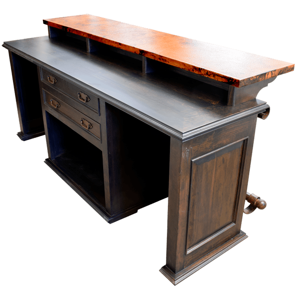 Rear angled view of bar with center shelf, two drawers, and side workspaces