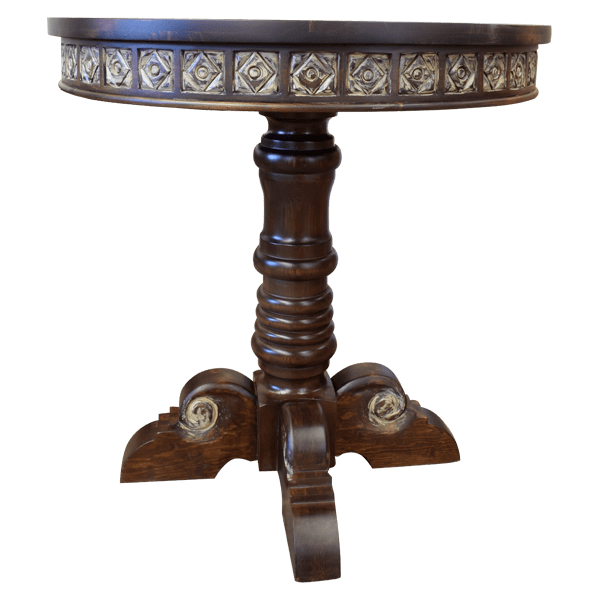 Front view of Tuscan timberwood bar table with distressed white ink on brown finish