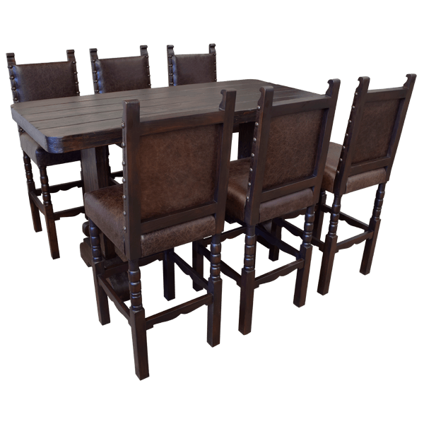 Irish bar table set with six matching stools featuring distressed wood and antique brown finish