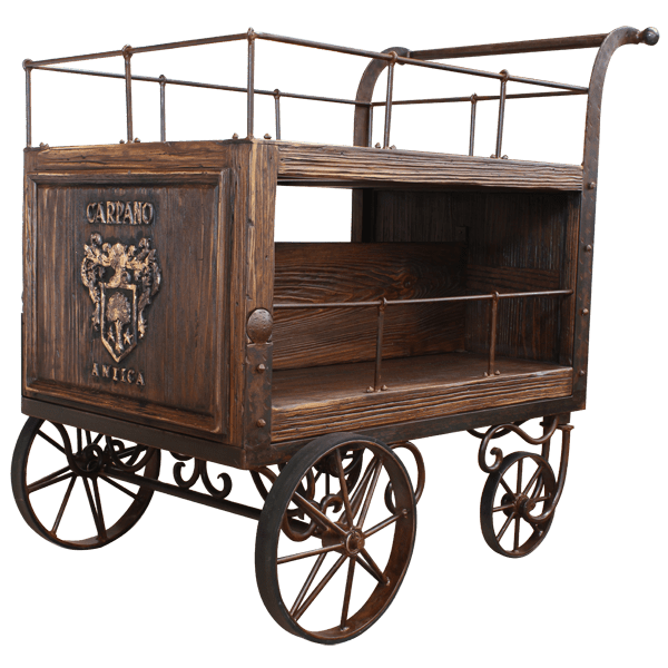 Serving cart with optional divider and hand-carved logo in semi-frontal view