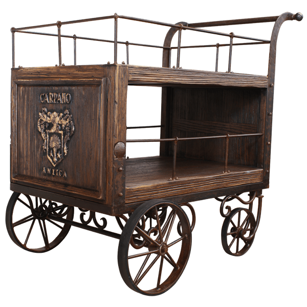 Three-quarter front view of serving cart with hand-carved logo and detailed ironwork