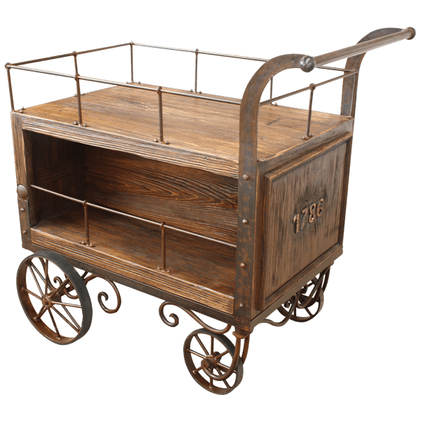 Rear three-quarter view of serving cart showing curved iron handle and commemorative date engraving