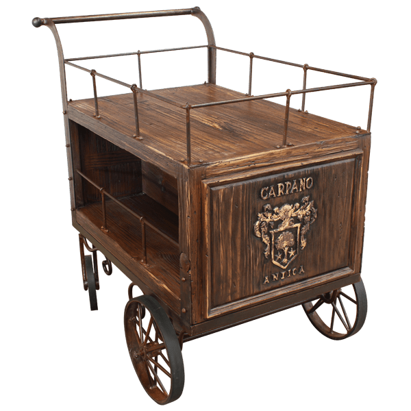 Elevated front three-quarter view of serving cart showing bottle display area and iron detailing