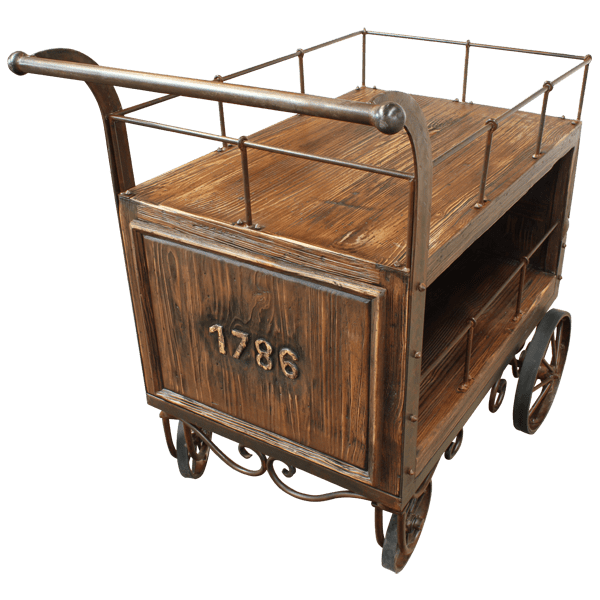 Elevated rear three-quarter view of serving cart showing timber top and iron frame
