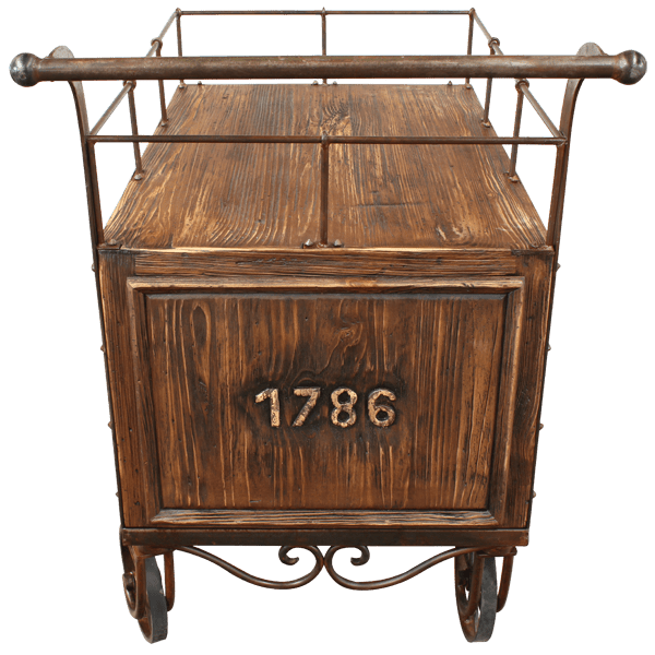 Top rear view of serving cart showing open compartments and forged iron structure