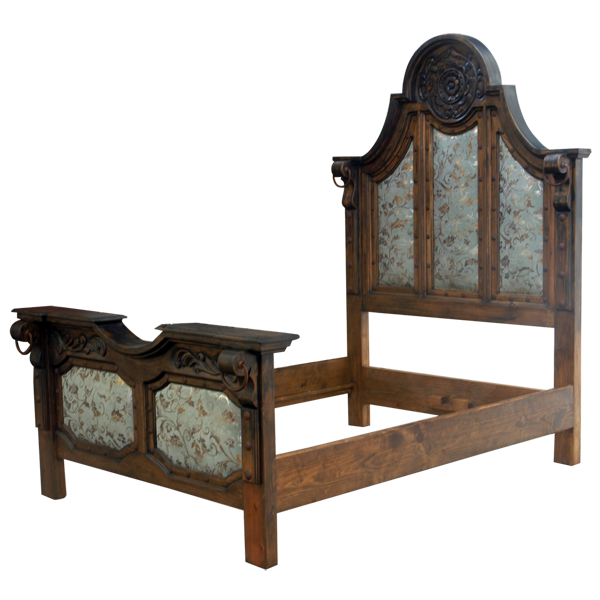 Semi-frontal view of Western bed with curved headboard and turquoise patterned leather