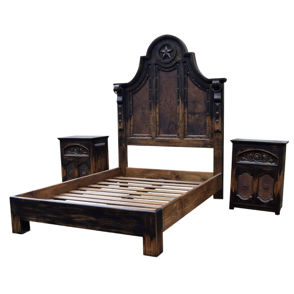 Semi-frontal view of Western bed with matching end tables and copper headboard
