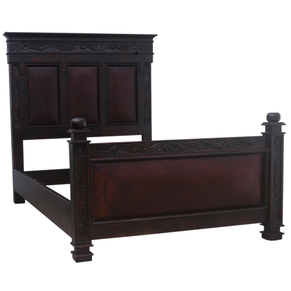 Semi-front view of Spanish colonial bed with red leather panels and carved floral details