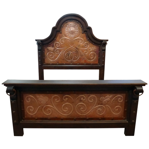 Front view of Spanish colonial bed with hammered copper panels, arched headboard, and iron trim