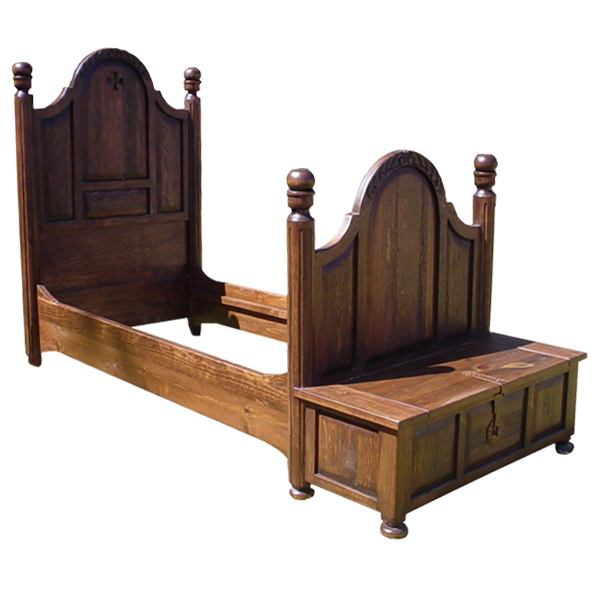 Semi-front view of Spanish colonial bed with built-in trunk and fluted uprights