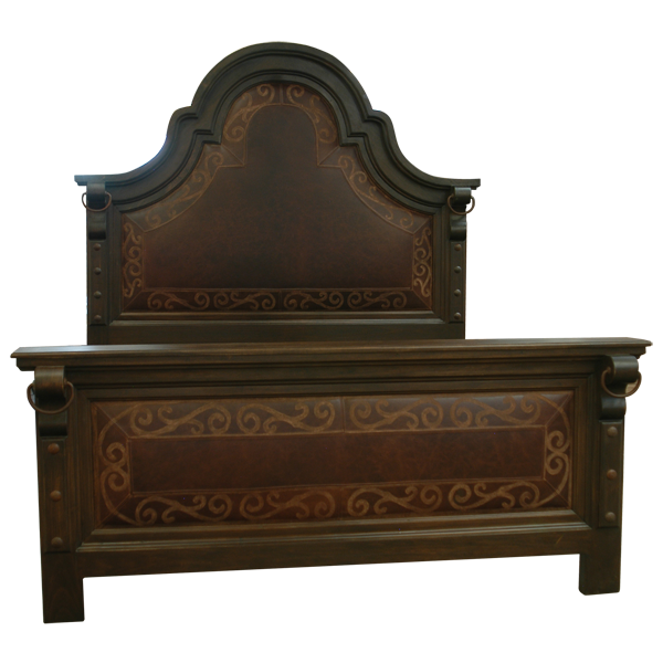 Front view of Western-style bed with tooled leather scroll designs and arched headboard