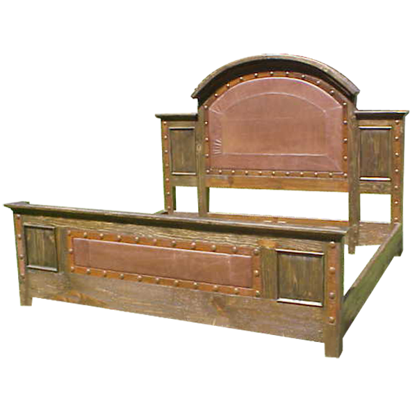Semi-front view of Western-style bed with arched leather headboard and square wood panels