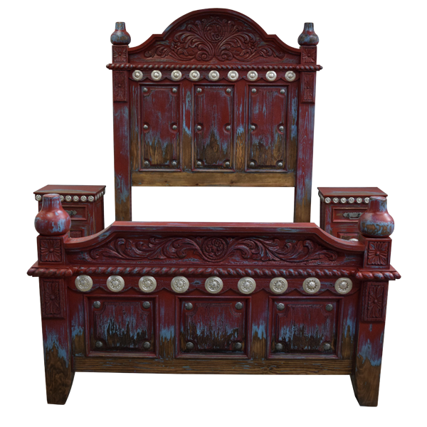Front view of Cruz de Cobre 5 bed with two matching end tables in red and turquoise finish