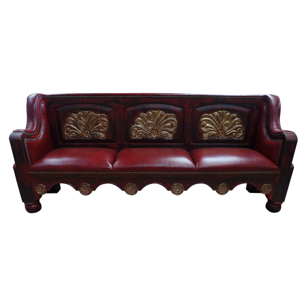 Detail of built-in bench with red leather and gold carving on Spanish colonial bed