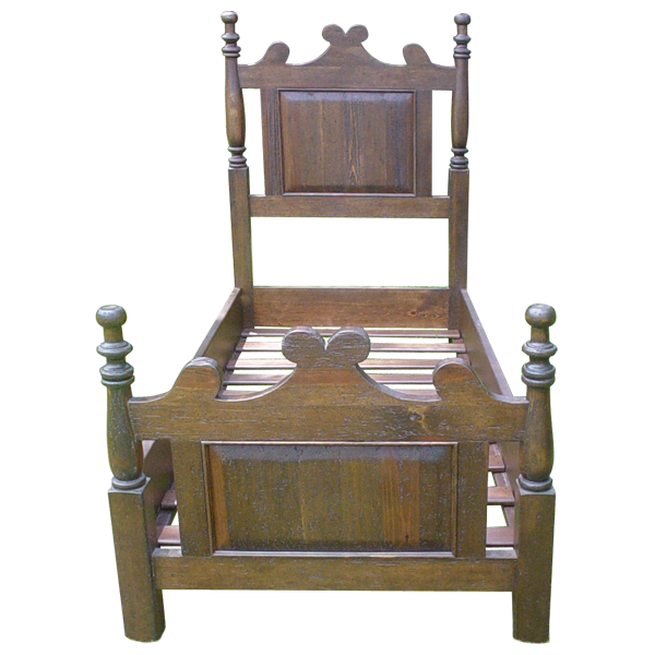 Front view of Spanish colonial bed with rectangular panel and hand turned uprights